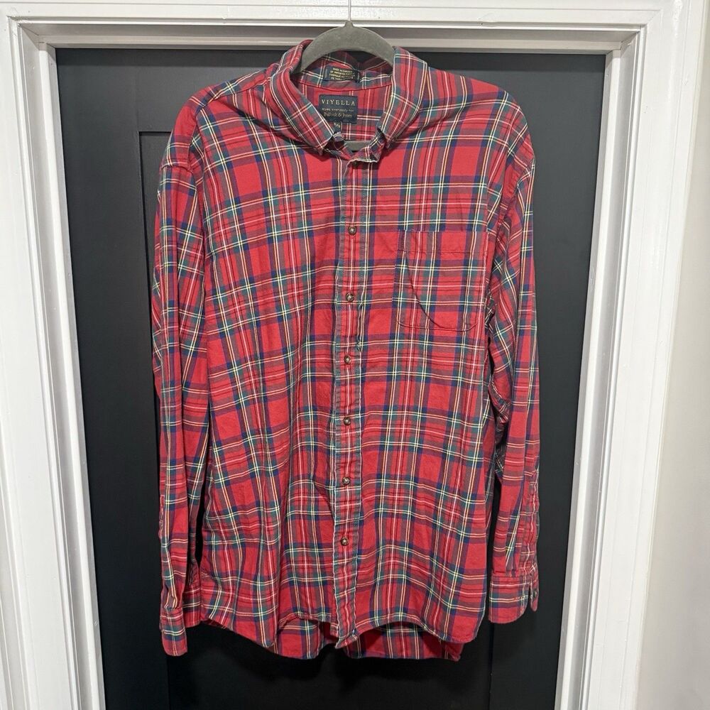 Viyella Hunting Cotton Wool Blend Red Plaid Flannel Robert Wallace Men Shirt XL